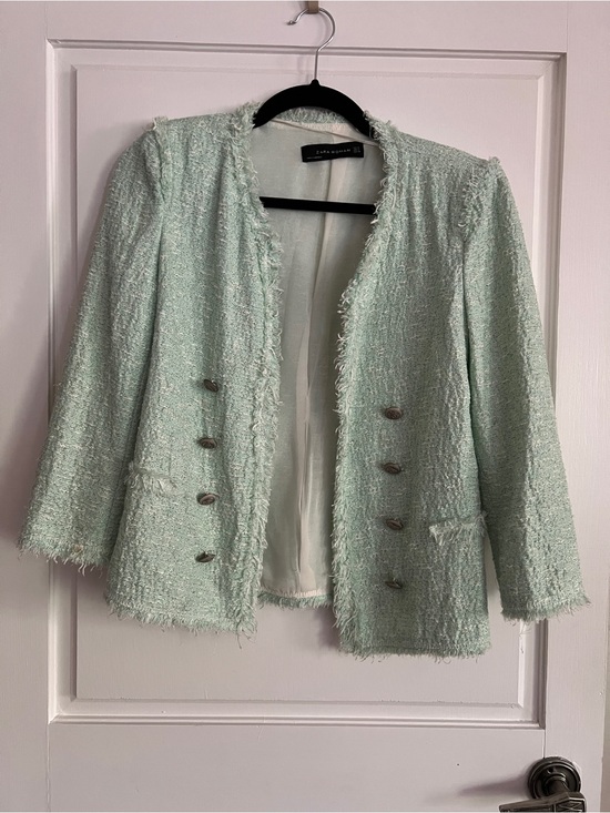 Zara Jackets & Blazers - Zara Pastel Mint Bouclé Frayed-Edge Blazer